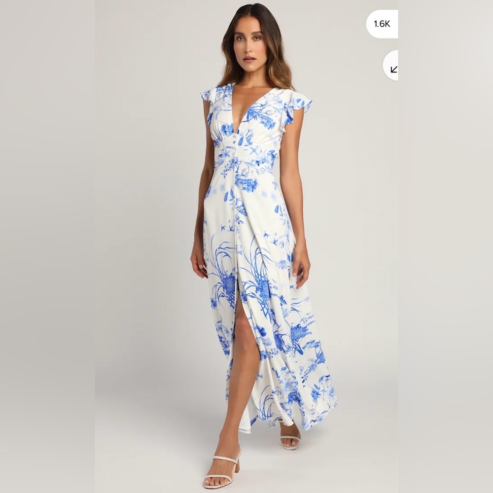 Lulu's White Maxi Dress with Blue Floral Print
